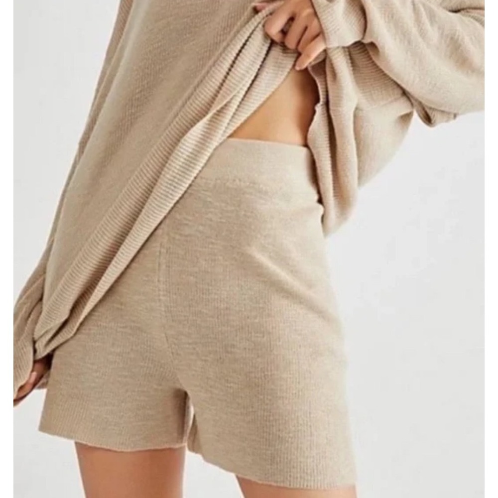 Free People‎ Beach Malibu Knit High Waisted Shorts L Tan Cozycore Lounge Coastal